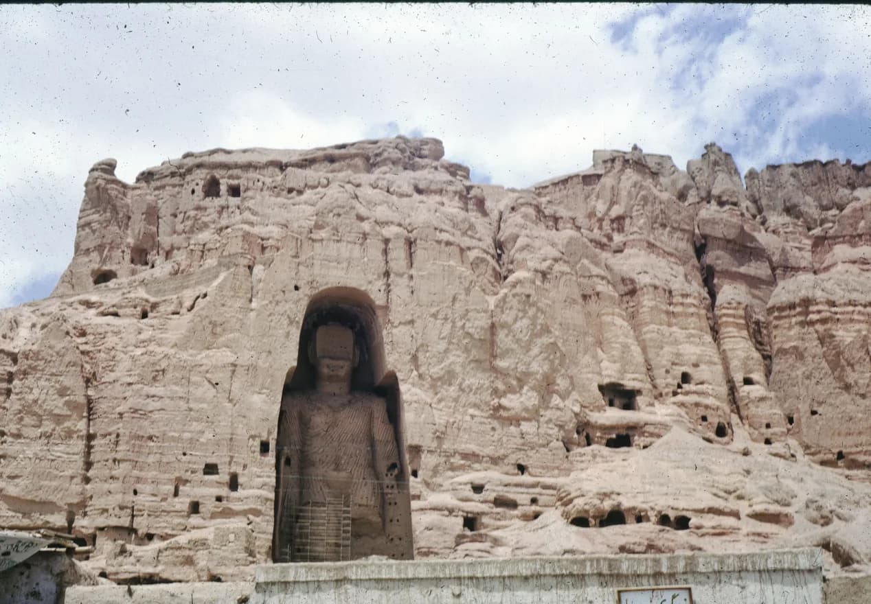 Green fields and the cliffs of the Bamiyan Valley, 1975