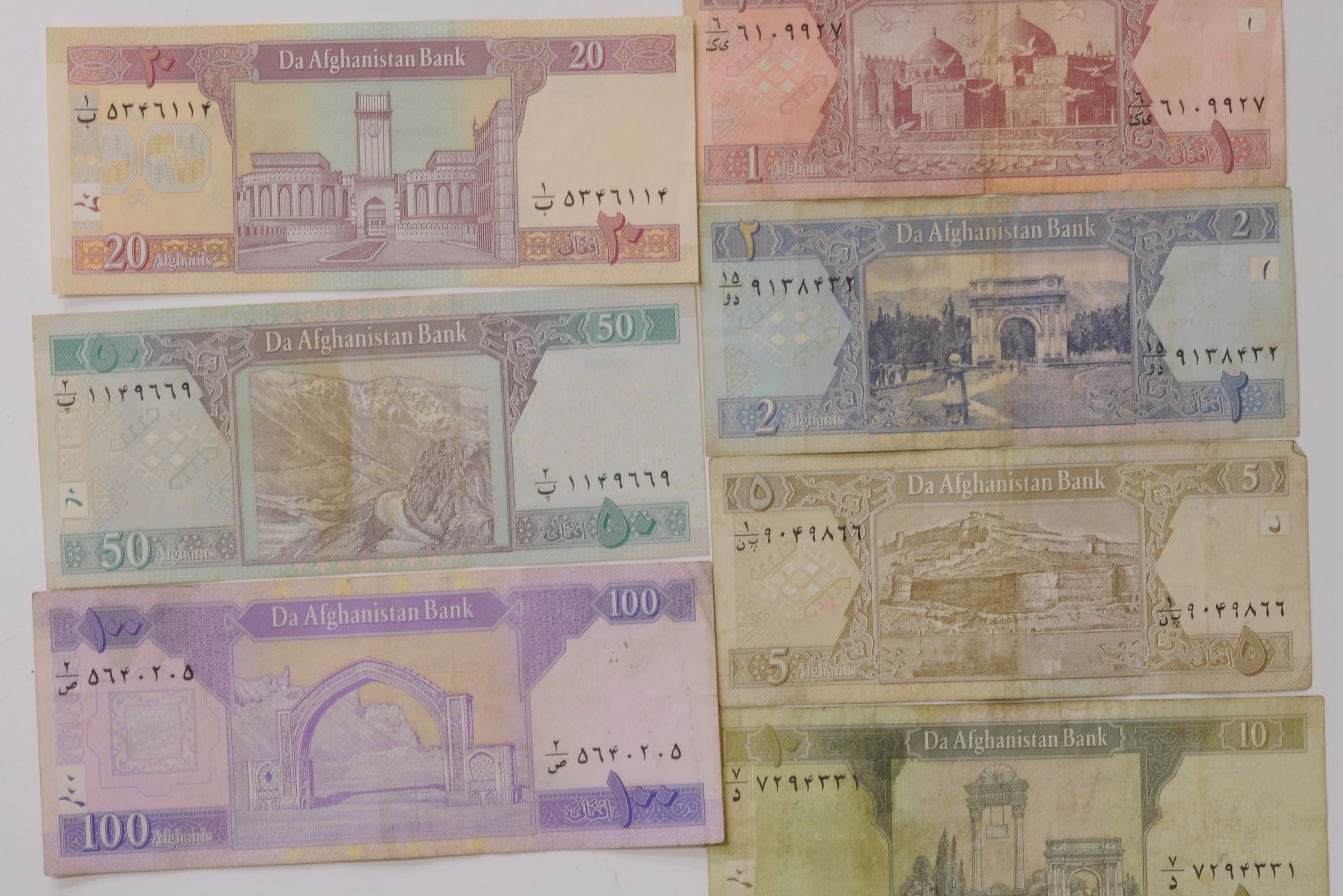A selection of Afghan afghani banknotes, photographed in 2015