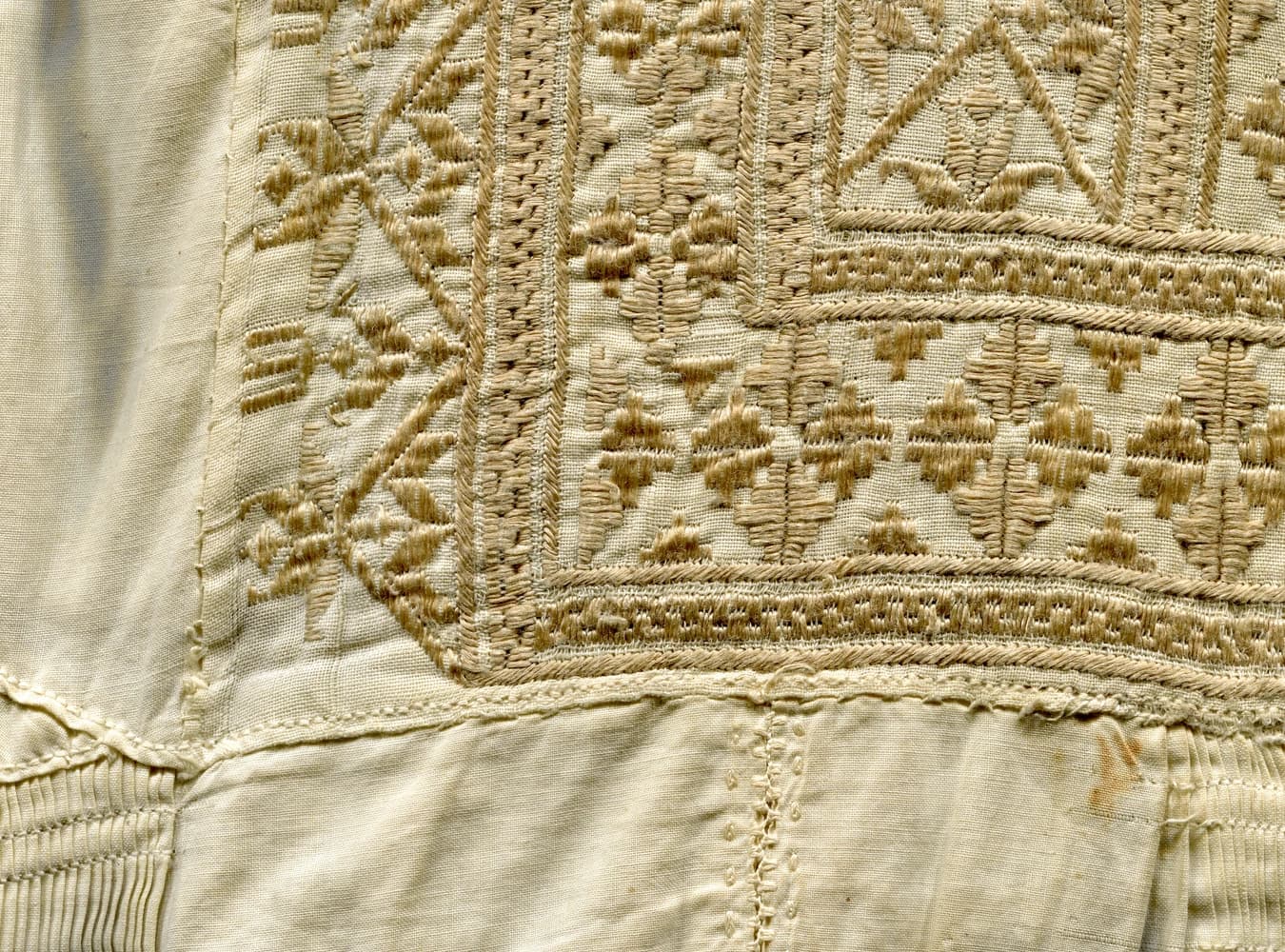 Fine embroidery on a traditional Afghan man’s white smock