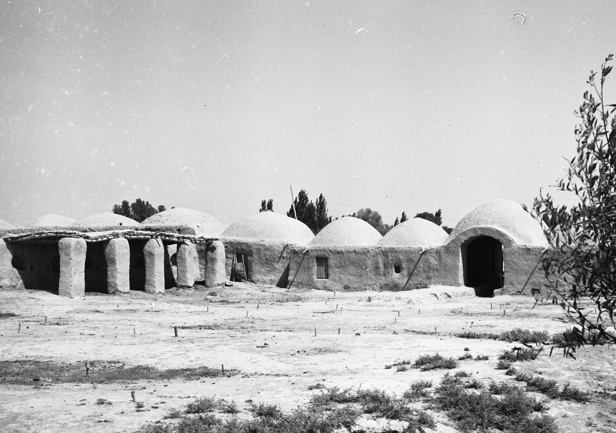 Mud-brick houses with domed roofs on the edge of Daulatabad, Balkh, in 1976