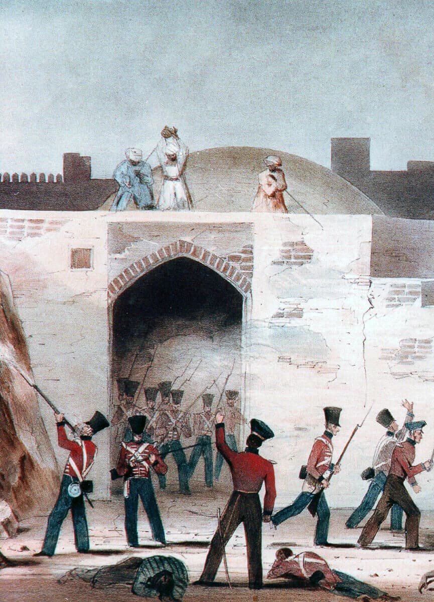 Period illustration of the assault on Ghazni Gate during the First Anglo-Afghan War, 1839