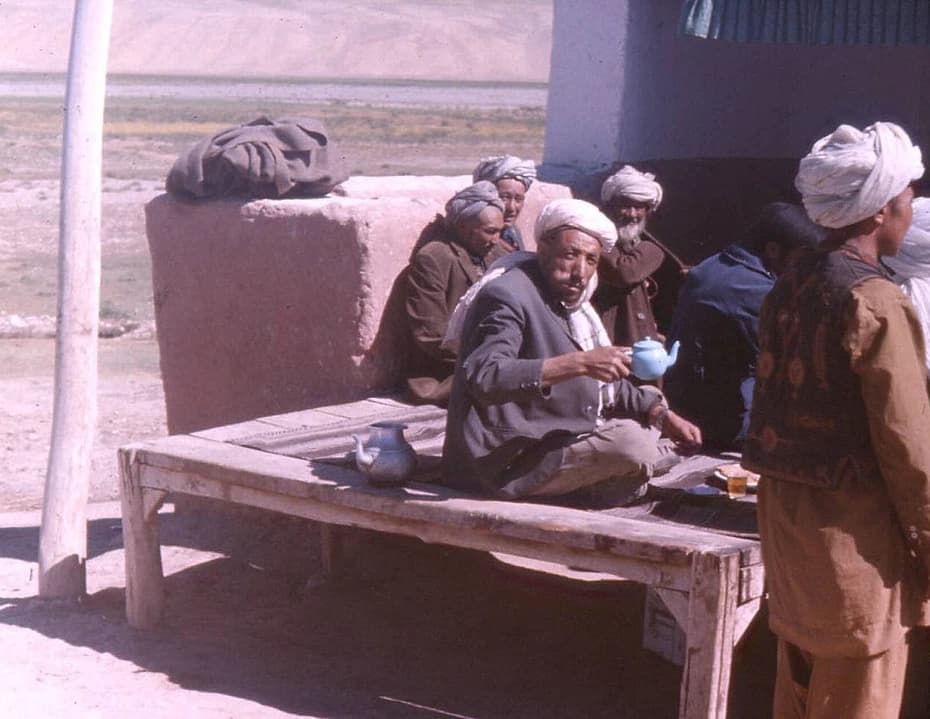 Men sharing tea and conversation in Afghanistan in 1976
