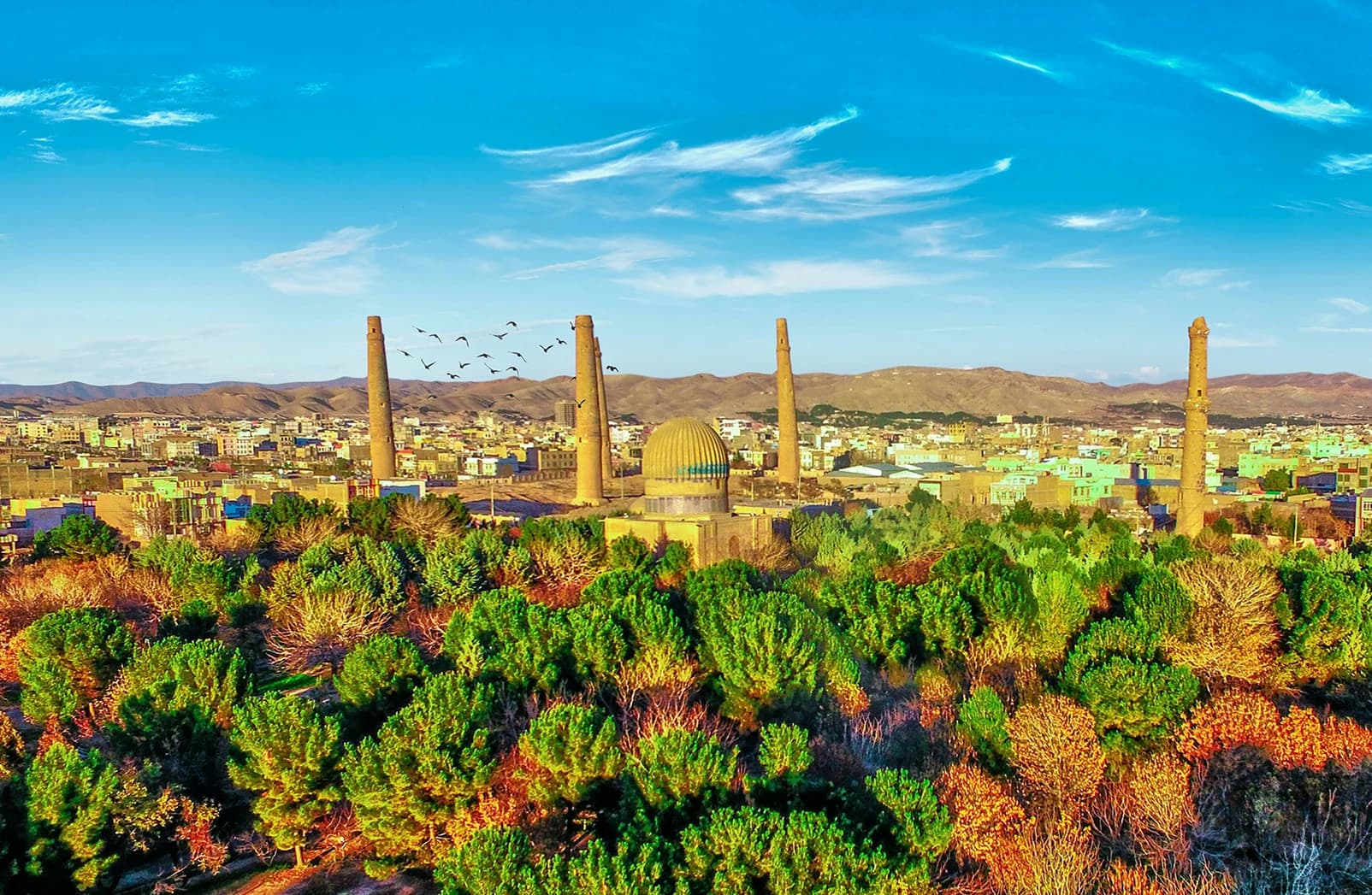 Historic minarets rising above the city of Herat