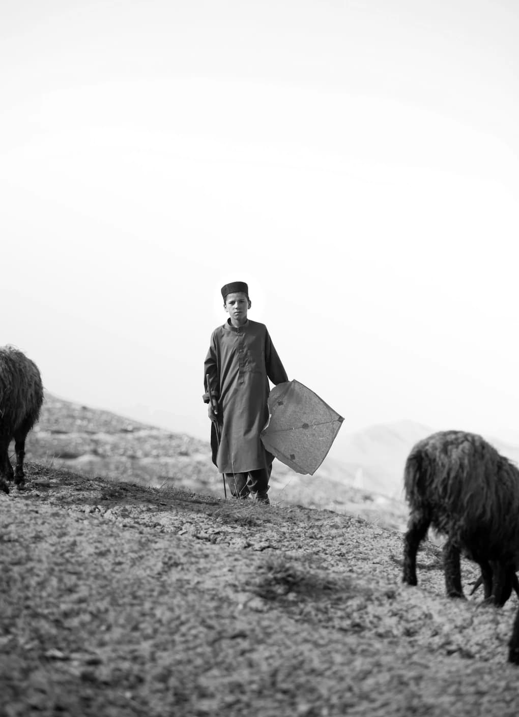 A young shepherd with his kite in the hills