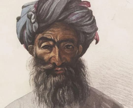 Murtaza Khan, head of a Qizilbash family, in a turban and loose white shirt, from Godfrey Thomas Vigne's watercolour 'The Kuzzelbash of Kabul', 1836