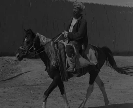 A Turkmen man riding a horse in northern Afghanistan, 1976