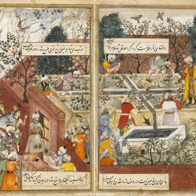 A historical manuscript depicting Babur overseeing a garden in Kabul