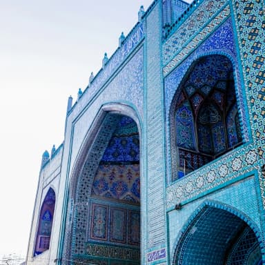 Intricate blue tilework on Afghan religious architecture