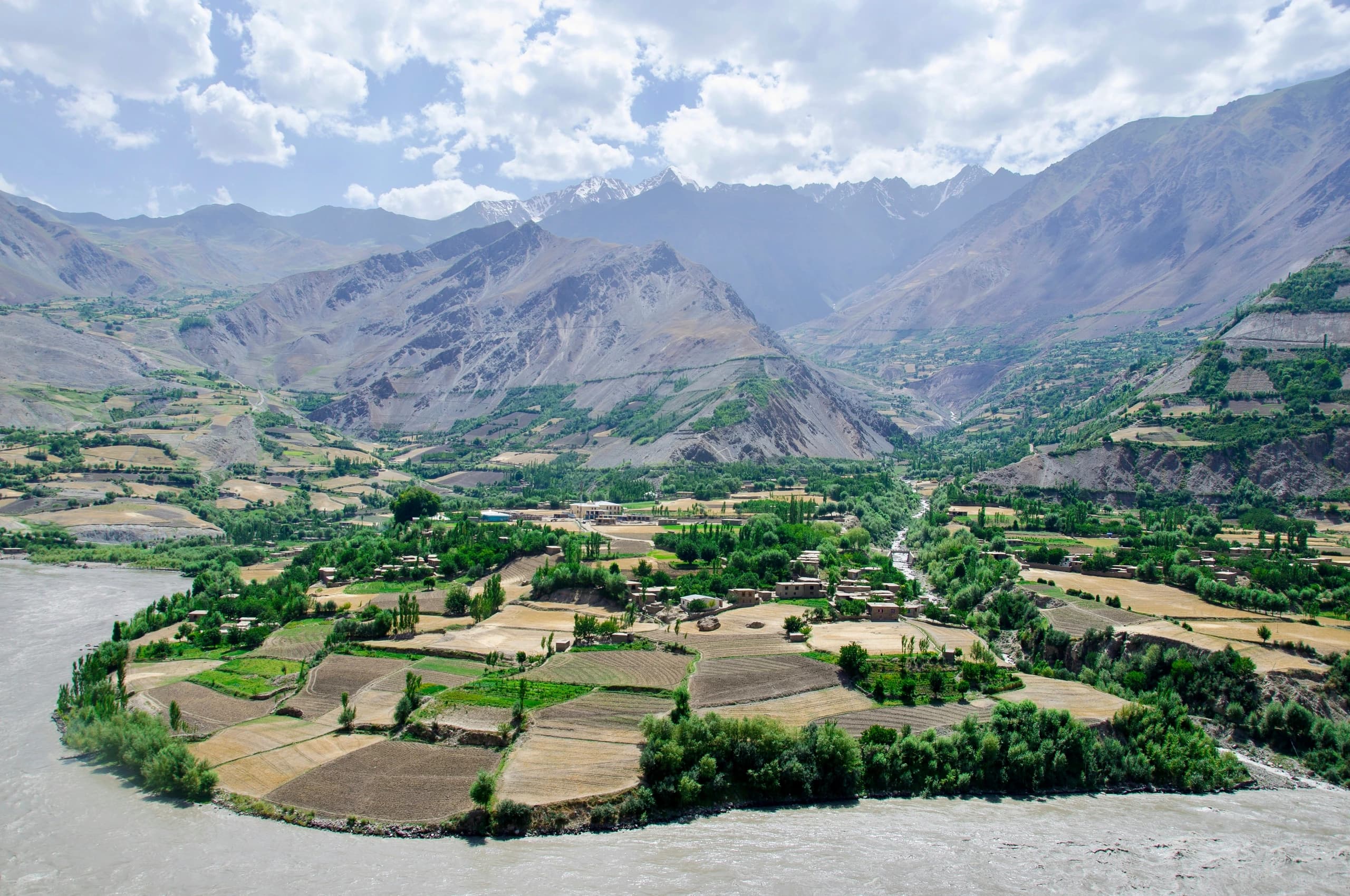 Fields and villages on the Afghan side of the Pamir mountains