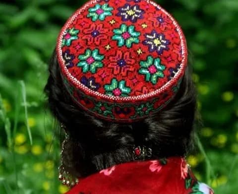 A woman wearing a brightly embroidered Wakhi skid cap