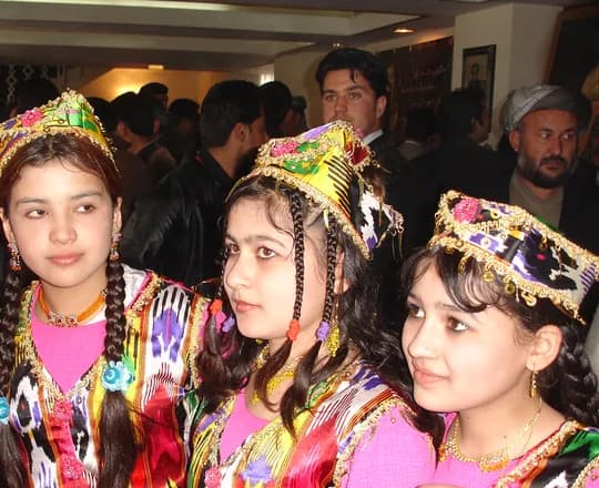 Uzbek girls from Afghanistan in festive dresses and embroidered caps, Kabul