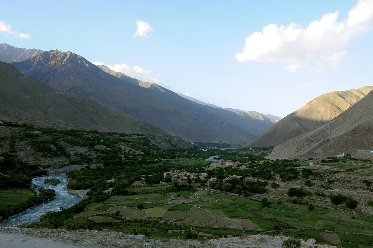 Mountain ridges and villages across the Panjshir Valley