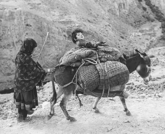 Archival photograph of a woman in traditional dress walking with a loaded donkey in the Panjshir Valley, 1967