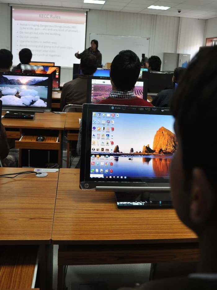 Afghan students in a computer class in Parwan, photographed in 2012