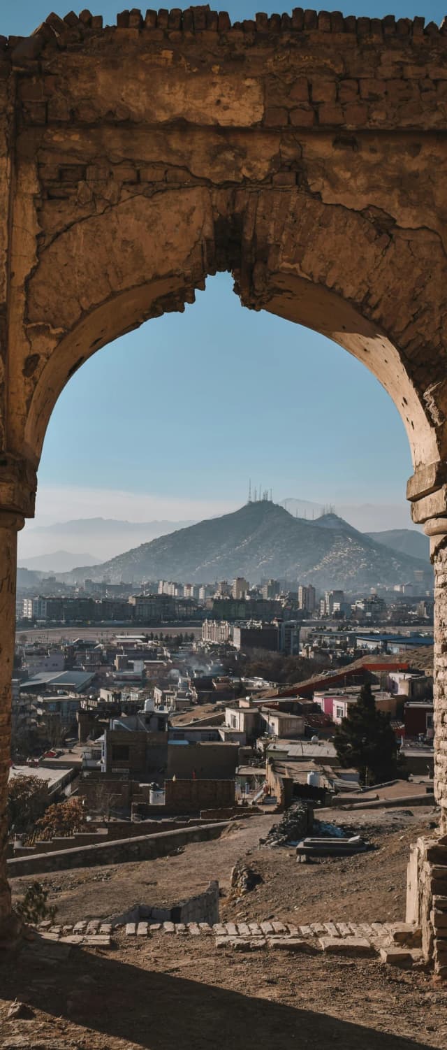 Kabul framed by a historic stone arch on Nader Khan Hill