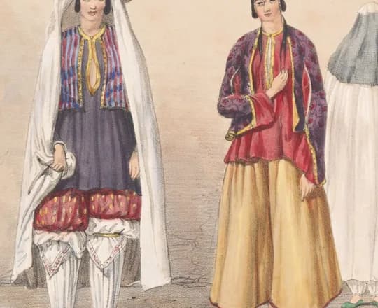 Women of Kabul in embroidered jackets, wide trousers and white veils, detail of the plate 'Cabul: Affghan and Kuzzilbash ladies', after James Atkinson, 1843