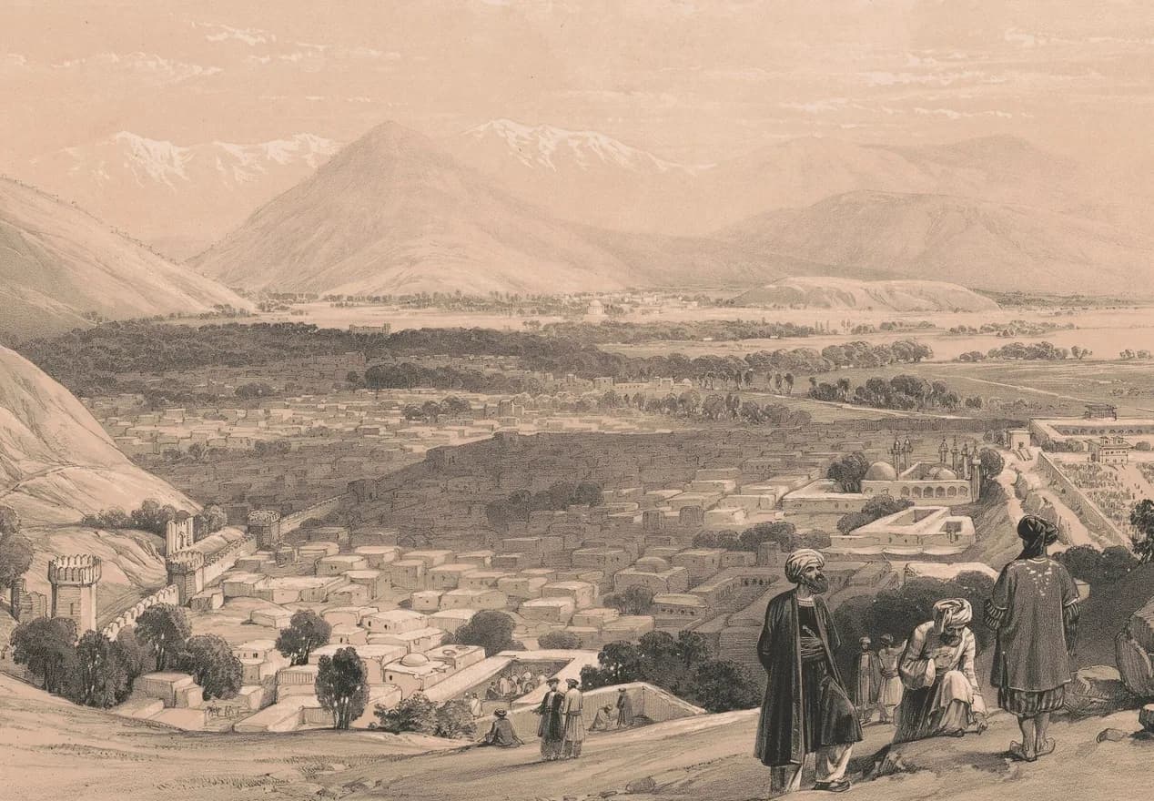 The Bala Hissar and the old city of Kabul seen from the upper citadel, lithograph after James Atkinson, 1842