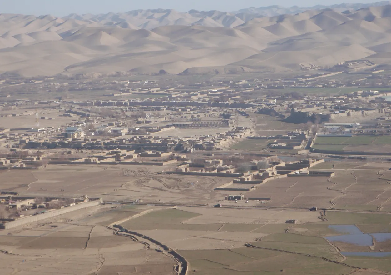 Fields and villages along the Murghab River valley at Bala Murghab, Badghis Province
