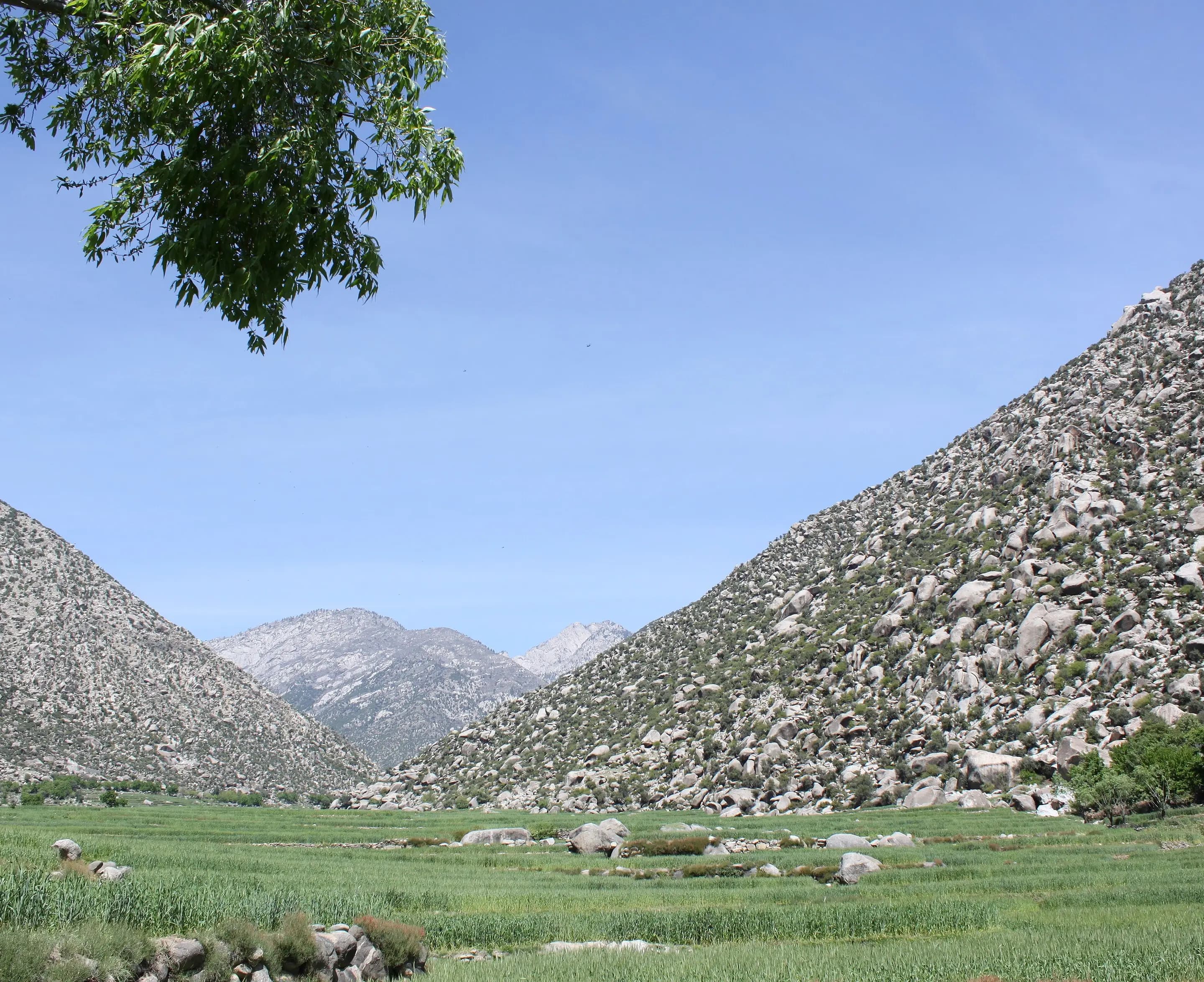 Green fields beneath boulder-strewn mountains in the Dara-i-Nur valley, Nangarhar, 2010