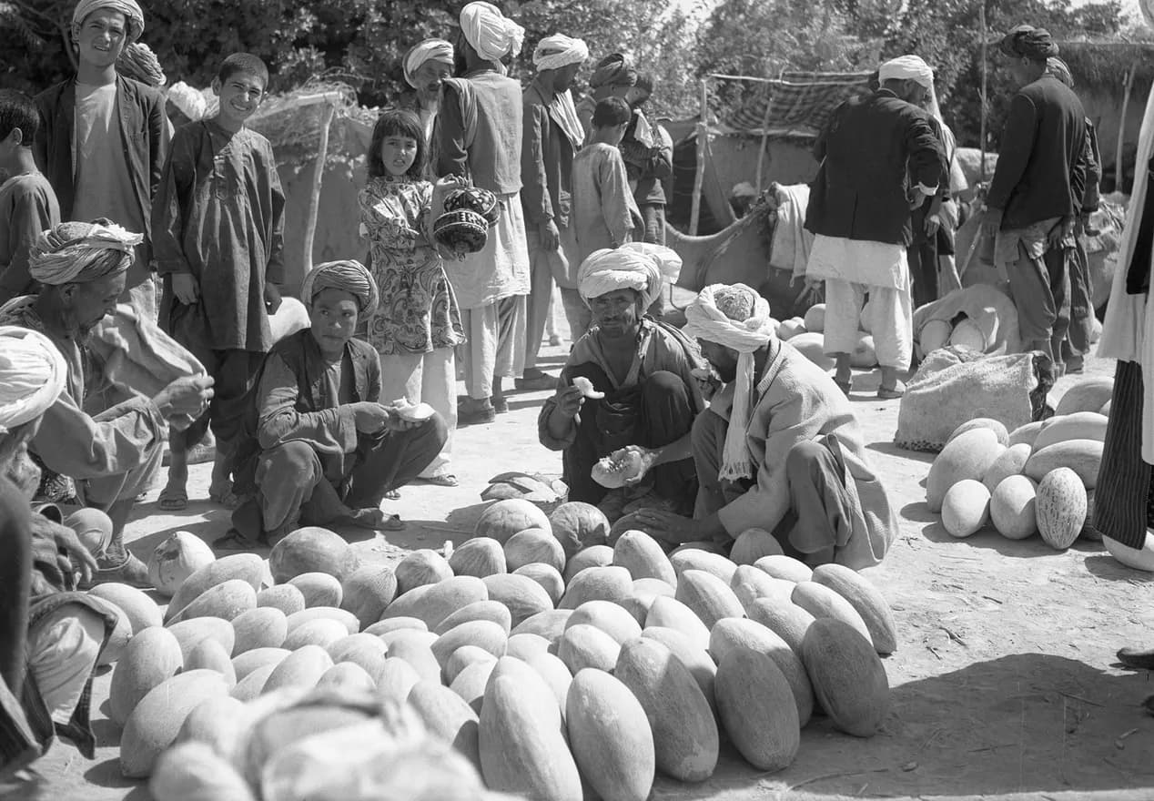 Melon sellers at the fruit bazaar in Dawlatabad, Balkh, 1976