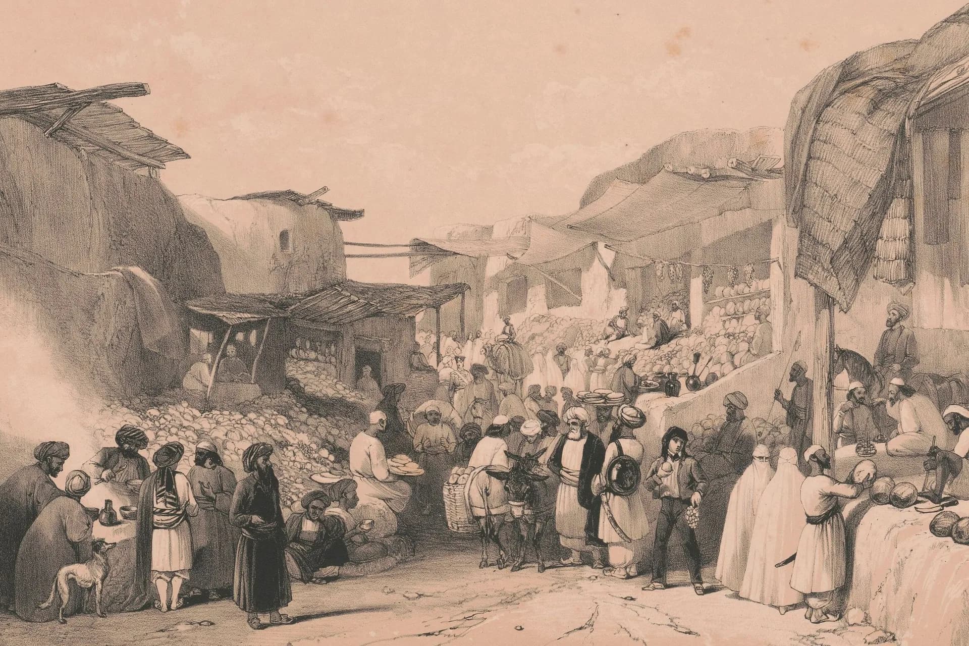 The main street of the Kabul bazaar crowded with shoppers in the fruit season, lithograph after James Atkinson, 1842