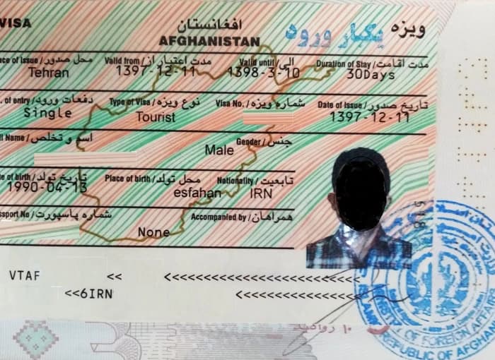 An example of an Afghan visa photographed in 2019